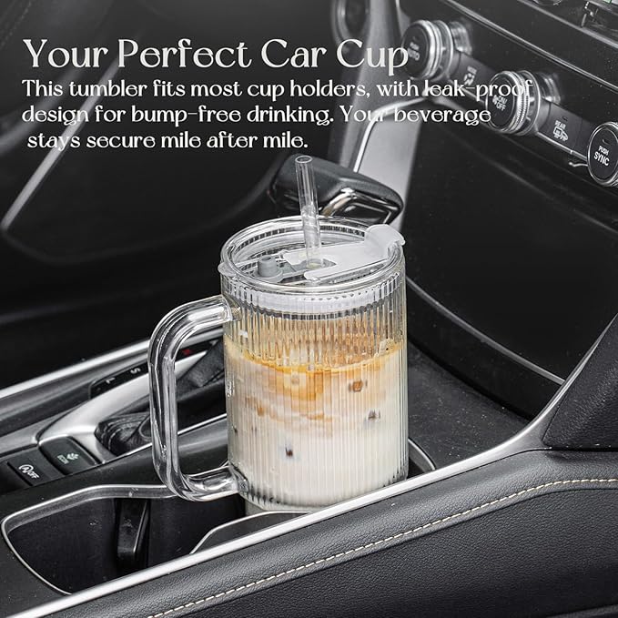 KEMORELA 2-Pack 26oz Ribbed Glass Tumblers with Handle & Lid – Large Iced Coffee Cups with Straws, Aesthetic Glass Mugs for Cold & Hot Drinks, Reusable Smoothie & Tea Cups (2PCS Ribbed Tumblers)