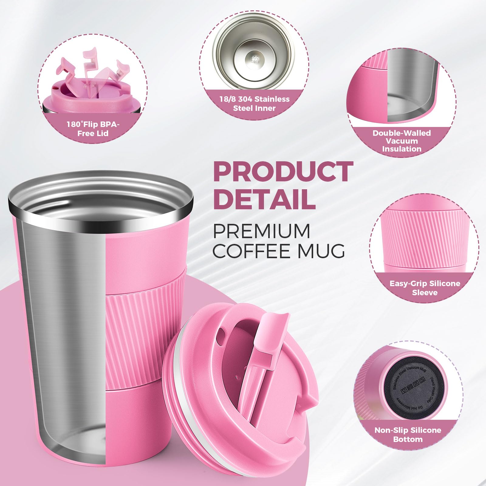 Volhoply 13 oz Stainless Steel Insulated Travel Coffee Mug with Fip Lid Bulk 4 Pack,Reusable Double Wall Vacuum Metal Coffee Cup,Portable Leak Proof Thermal Tumbler for Hot & Cold Drinks(Pink,4)