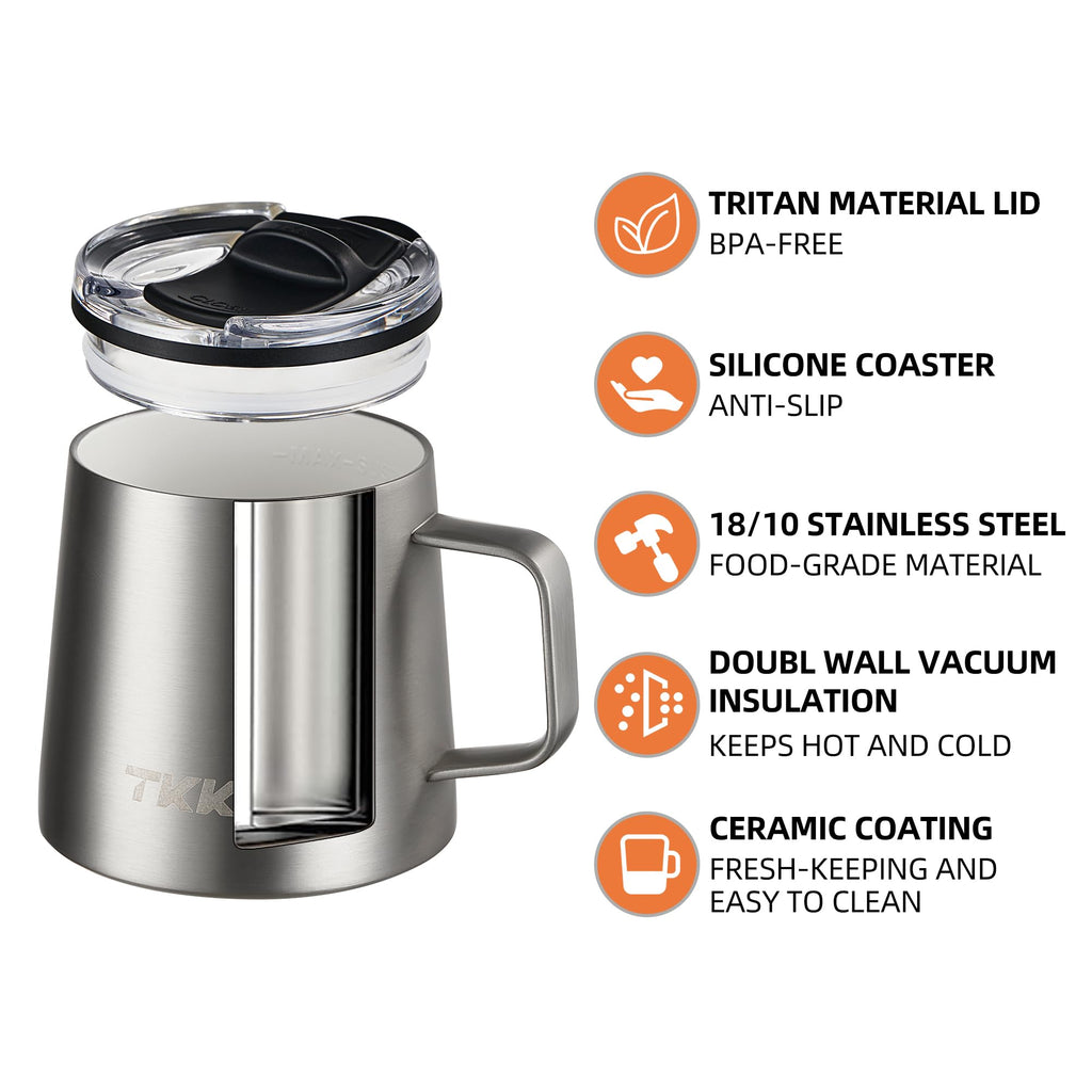 TKK 12 oz Insulated Coffee Mug with Handle Ceramic Coating Detachable Slider Lid Stainless Steel Tumbler Double Wall Vacuum Travel Cup