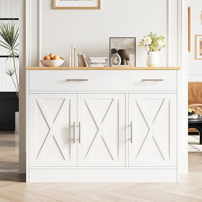 Vongrasig Buffet Cabinet with Drawers, 43” Coffee Bar Cabinet Farmhouse Kitchen Buffet Storage Cabinet with 3 Doors, Wood Buffet Table for Kitchen Living Room,White