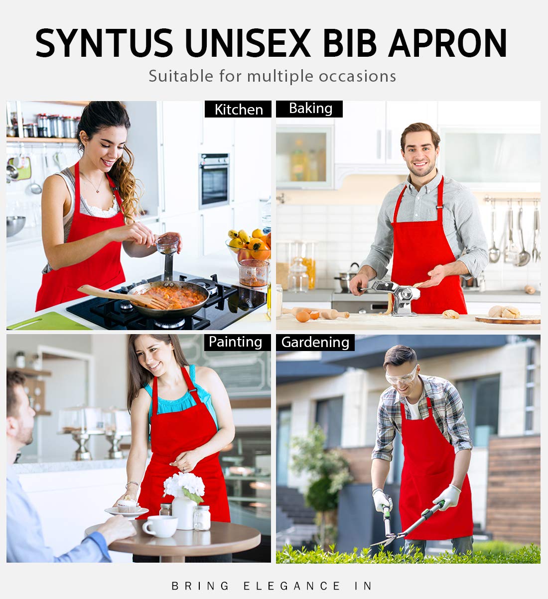 Syntus 12 Pack Bib Apron, Unisex Aprons Adjustable Waterdrop Resistant with 2 Pockets Cooking Kitchen Apron for Chef, BBQ Drawing Apron Bulk, Red
