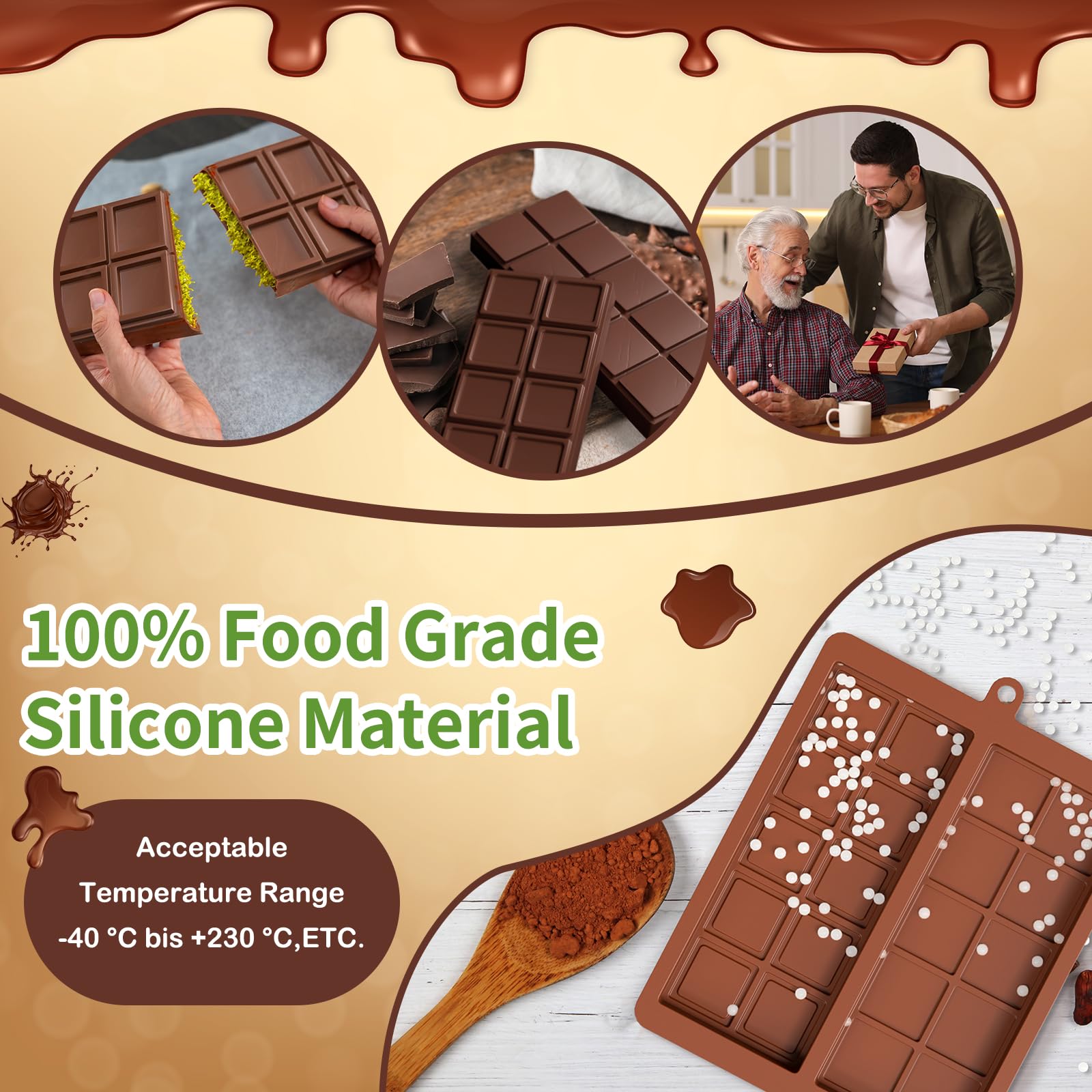 ROMINVIC Chocolate Bar Mold,2 Pack 2 in 1 Dubai Chocolate Molds and Scraper for Stuffed Bar,Deep Large and Thick Chocolate Candy Bar Mold for Filling Knafeh Pistachio Kit