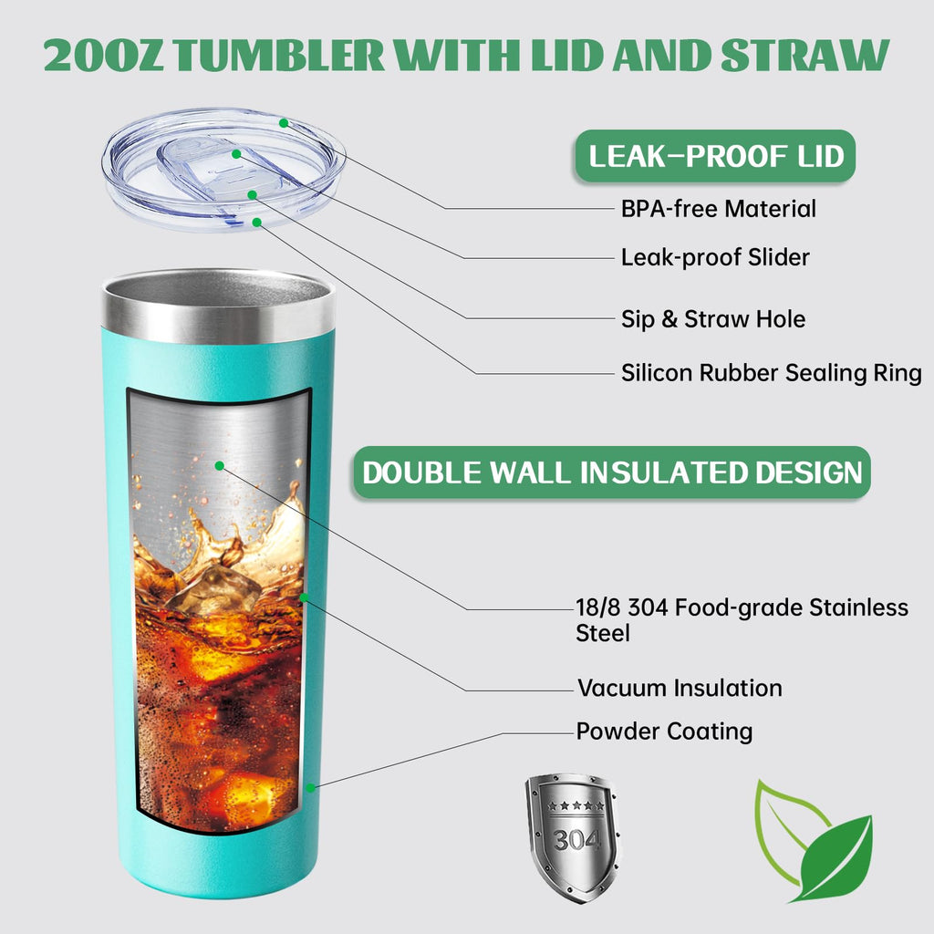 FristChoice 20 oz Skinny Tumbler with Lid and Straw,Stainless Steel Vacuum Insulated Tumbler Cup Double Wall Leak-proof Coffee Mug,Travel Thermal Water Tumbler for Home,Office,Outdoor(Teal,1)