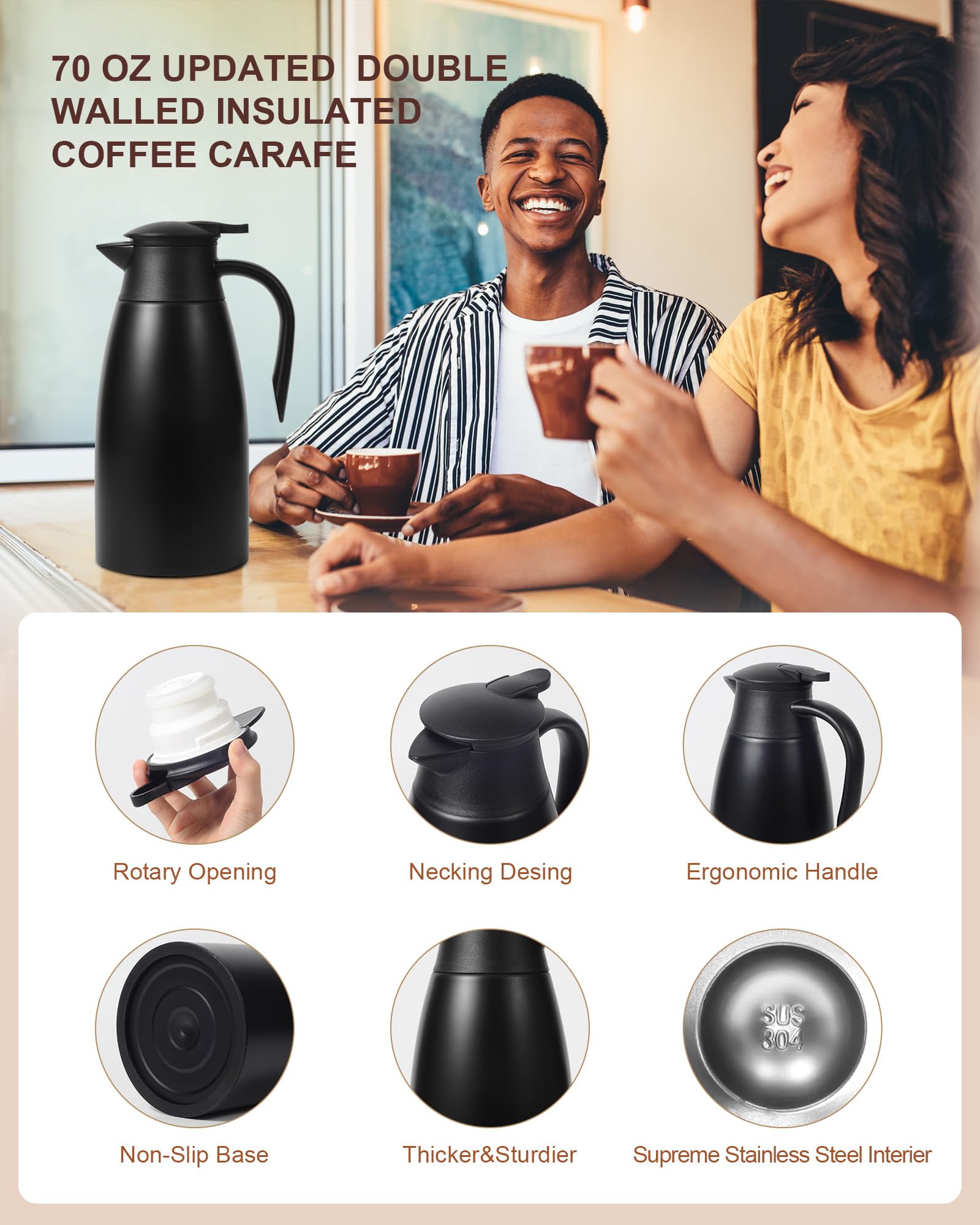 70oz Thermal Coffee Carafe for keeping hot,Updated Carafes for hot liquid, Stainless Steel Insulated Thermal Pot for Coffee, Hot Water,Keep Hot 12 Hours (Black 2.1 L)