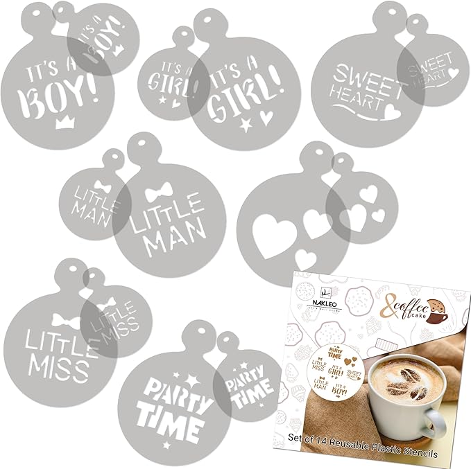 NAKLEO Coffee Stencils and Cookies Decoration 14Pcs 2.8”x2.8” and 4.3”x4.3”, Reusable Plastic Baking Templates, Barista DIY Art Craft, Capuccino Latte Chocolate Cake Biscuit