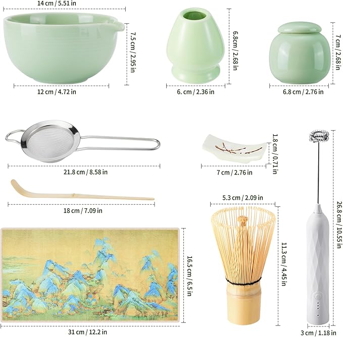 Matcha Whisk Set,9 Pcs Japanese Matcha Set Pink, Matcha Kit with Sifter, Matcha Tea Cloth, Matcha Powder Canister, Electric Rechargeable Frother(Green)