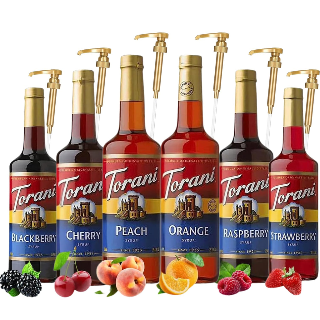 Torani Fruit Bowl Syrup Variety Pack – Raspberry, Strawberry, Blackberry, Cherry, Orange & Peach Flavors for Italian Soda, Lemonade, Tea, Mocktails & Drinks | 6 Pack with 6 Pumps