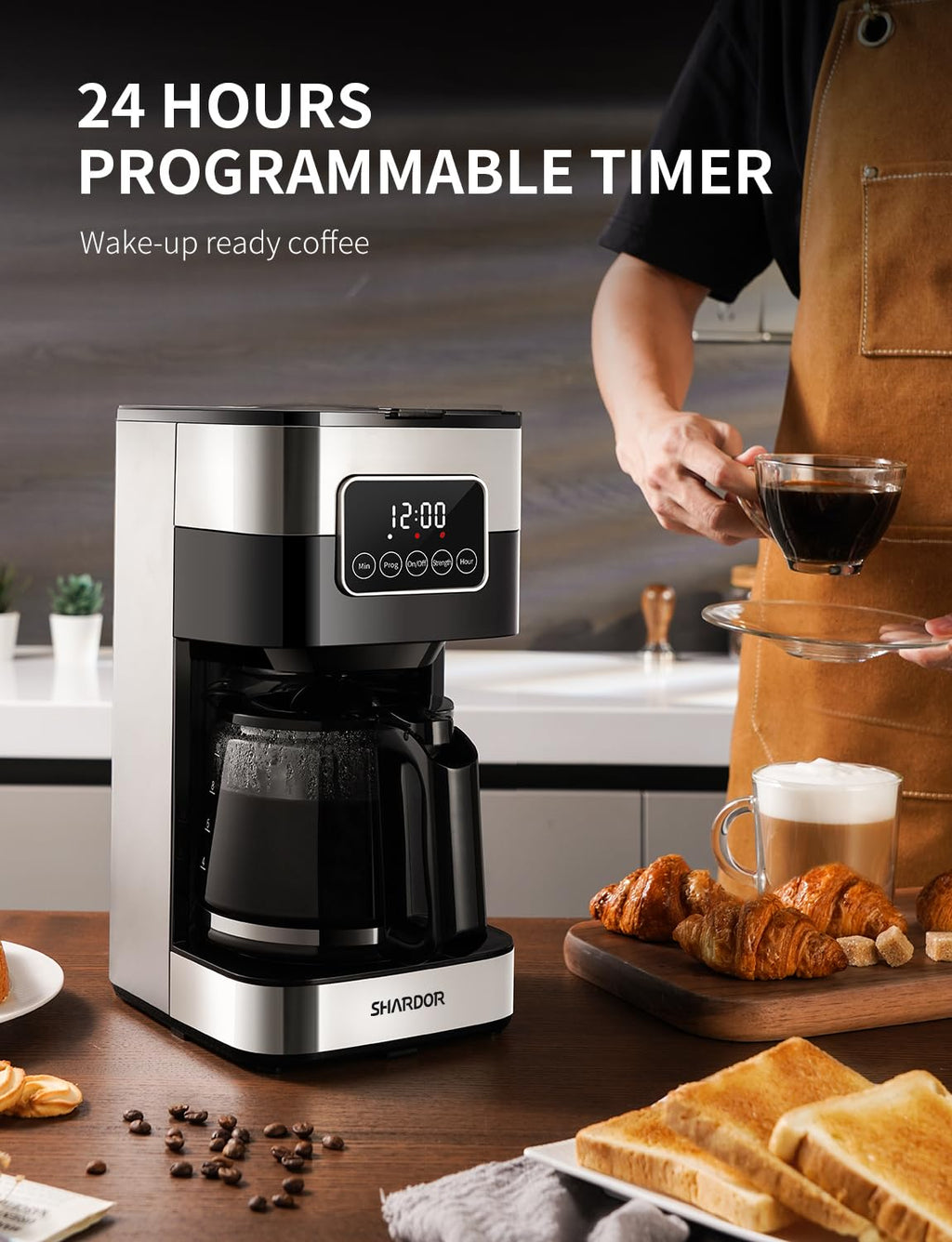 SHARDOR 10-Cup Programmable Coffee Maker, Regular & Strong Brew Drip Coffee Machine for Home and Office, Auto Shut Off, Permanent Filter, Silver