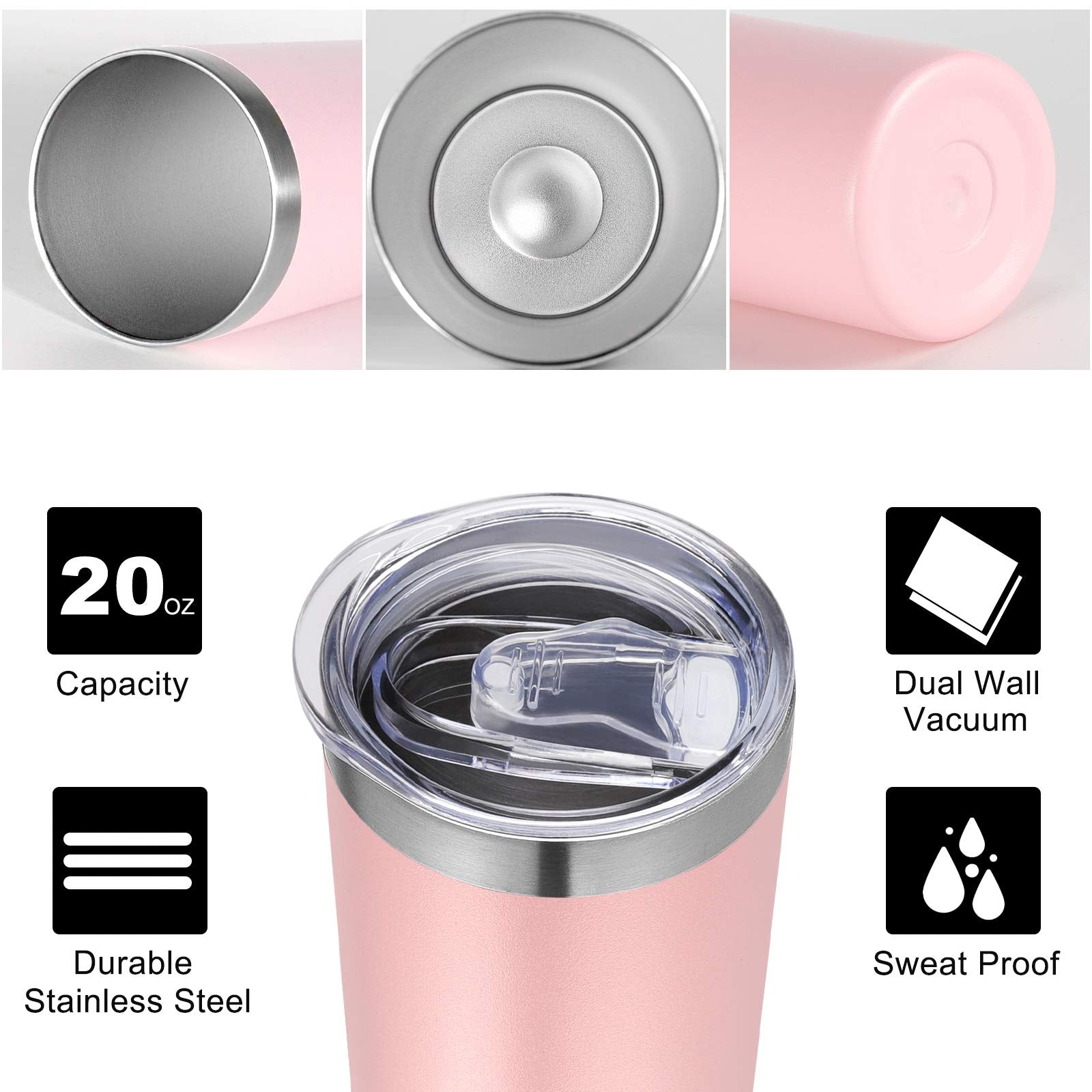 VEGOND Stainless Steel Tumblers Bulk 6 Pack, 20 oz Vacuum Insulated Skinny Tumblers with Lid and Straw, Double Wall Coffee Mug, Travel Water Cup, Light Pink