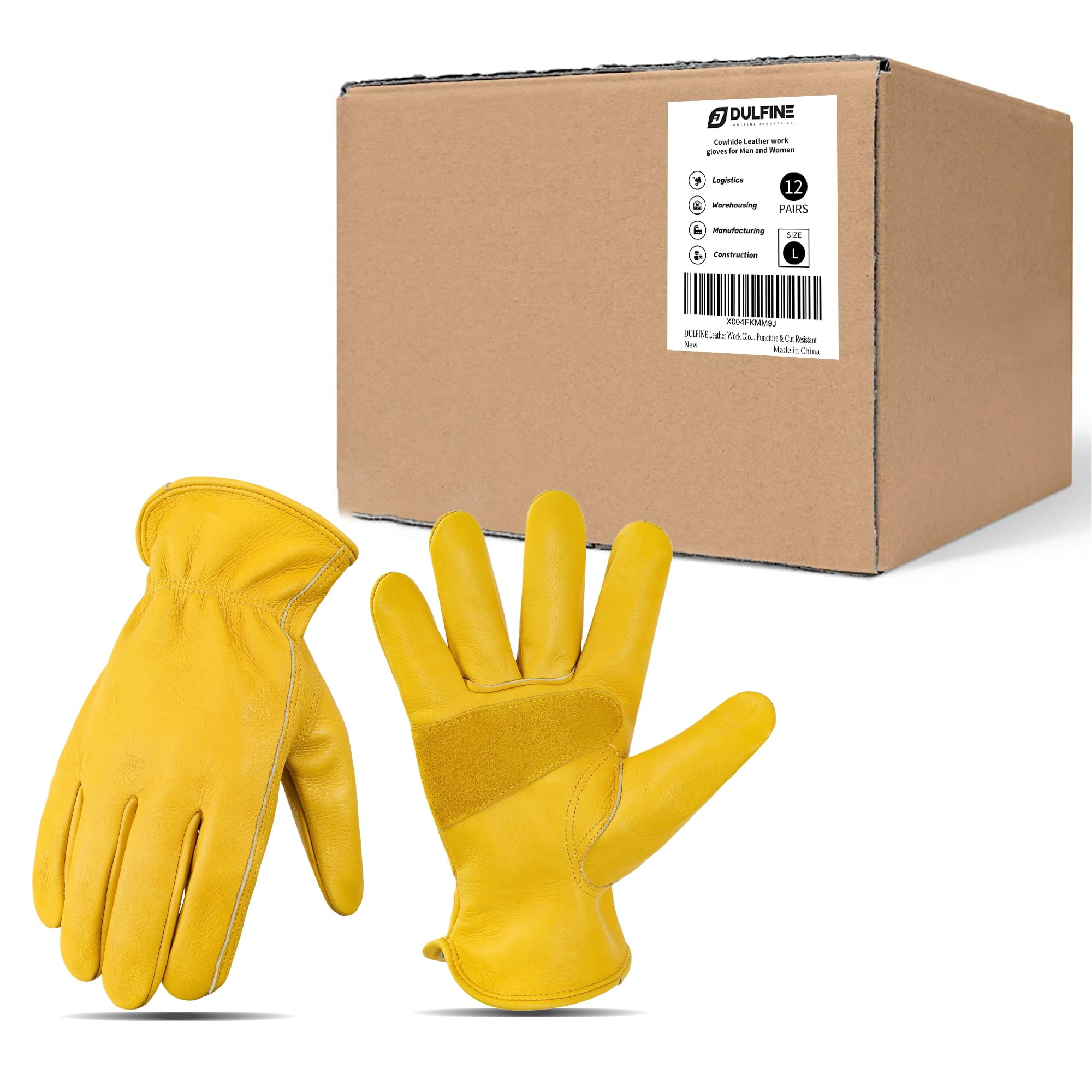 DULFINE Cowhide Leather Gardening Work Gloves for Men 12 Pairs Golden XXL