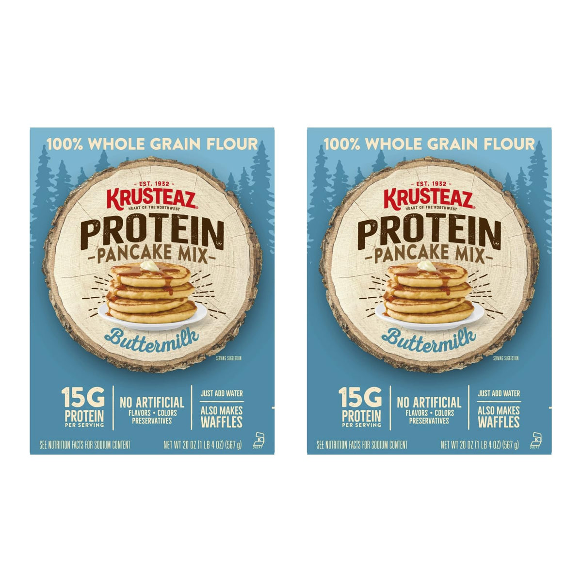 Krusteaz Protein Pancake Mix, Buttermilk Pancake Mix, 100% Whole Grain Flour & 15g of Protein Per Serving, Also Makes Waffles, Just Add Water 20 Ounce (Pack of 2)