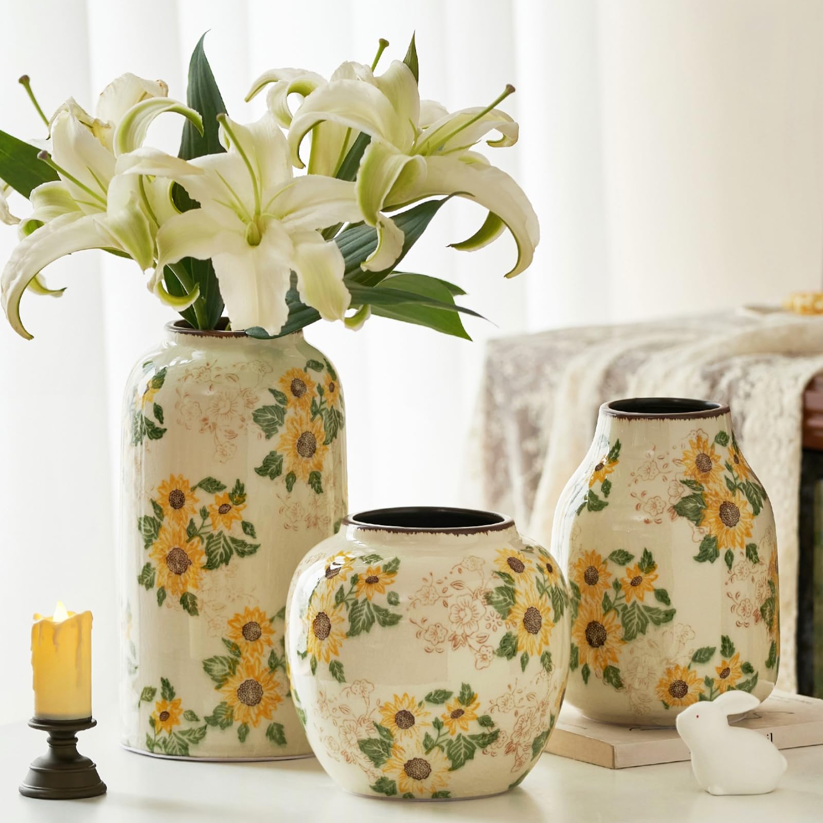Levvohd Round Ceramic Vase, Sunflower Pattern, 6.3 Inch