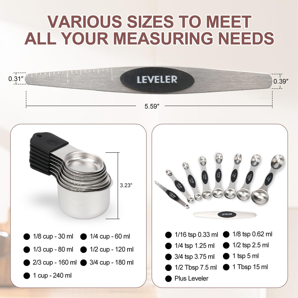 16-Piece Stainless Steel Measuring Cups and Spoons Set, Strong Magnetic Nesting Design 7 Cups 8 Spoons with Leveler, Double Measurement Markings for Dry & Liquid Ingredients, Black