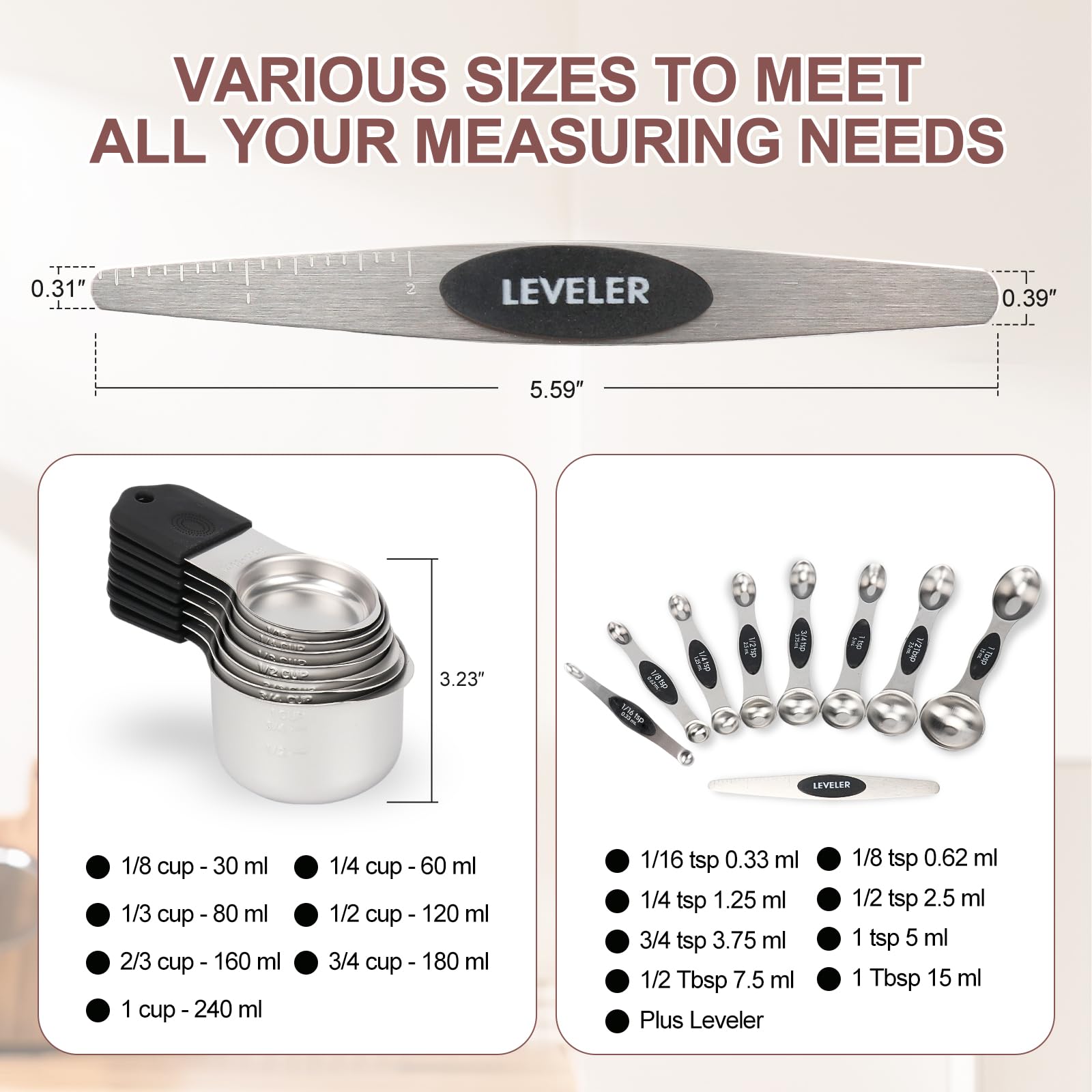 16-Piece Stainless Steel Measuring Cups and Spoons Set, Strong Magnetic Nesting Design 7 Cups 8 Spoons with Leveler, Double Measurement Markings for Dry & Liquid Ingredients, Black
