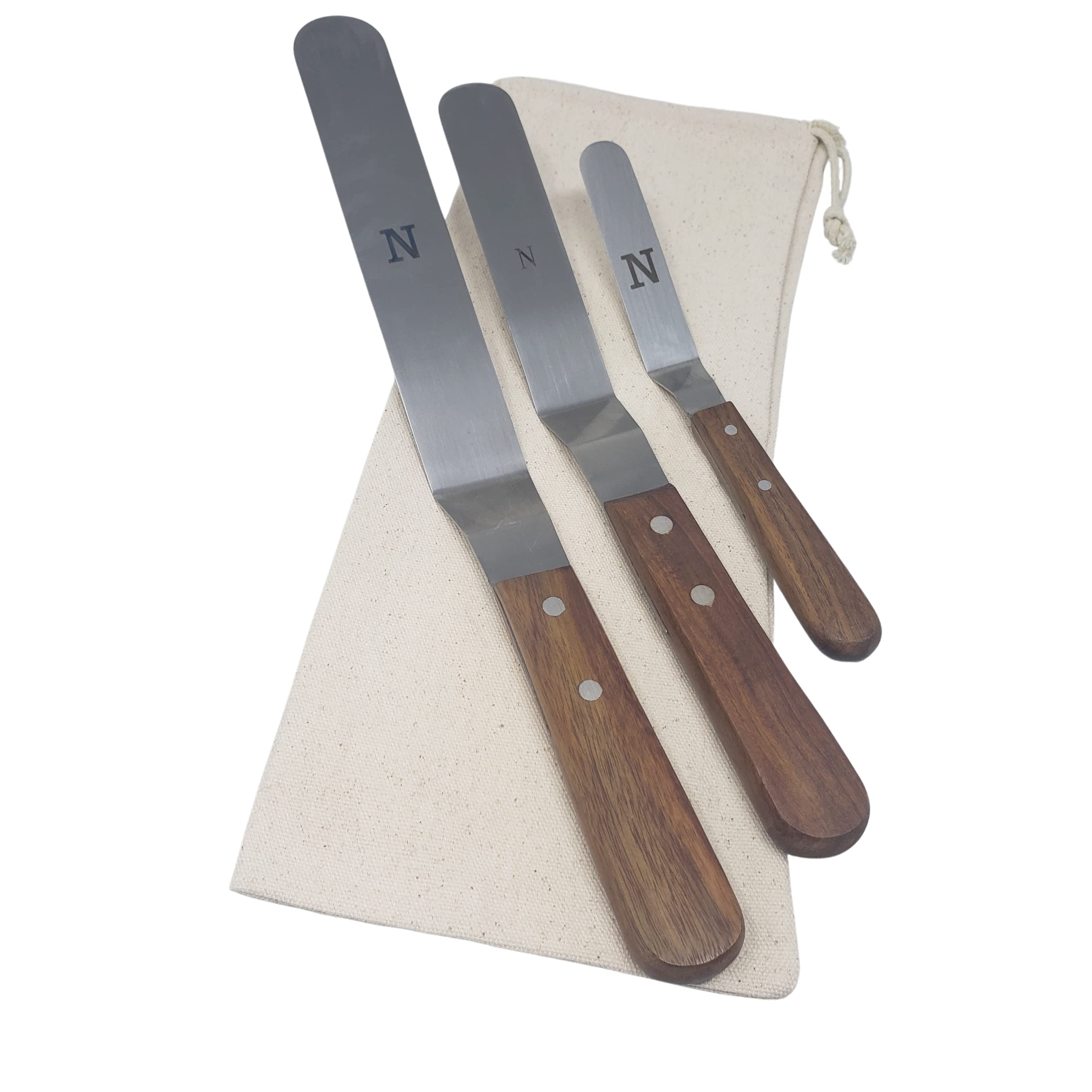 Offset Stainless Steel Spatula Set with Wood Handles and Storage/Gift Bag - Professional Cake Decorating Tools - 4", 6.5" & 8" Stainless Steel Offset Blade Cake Spatula Set