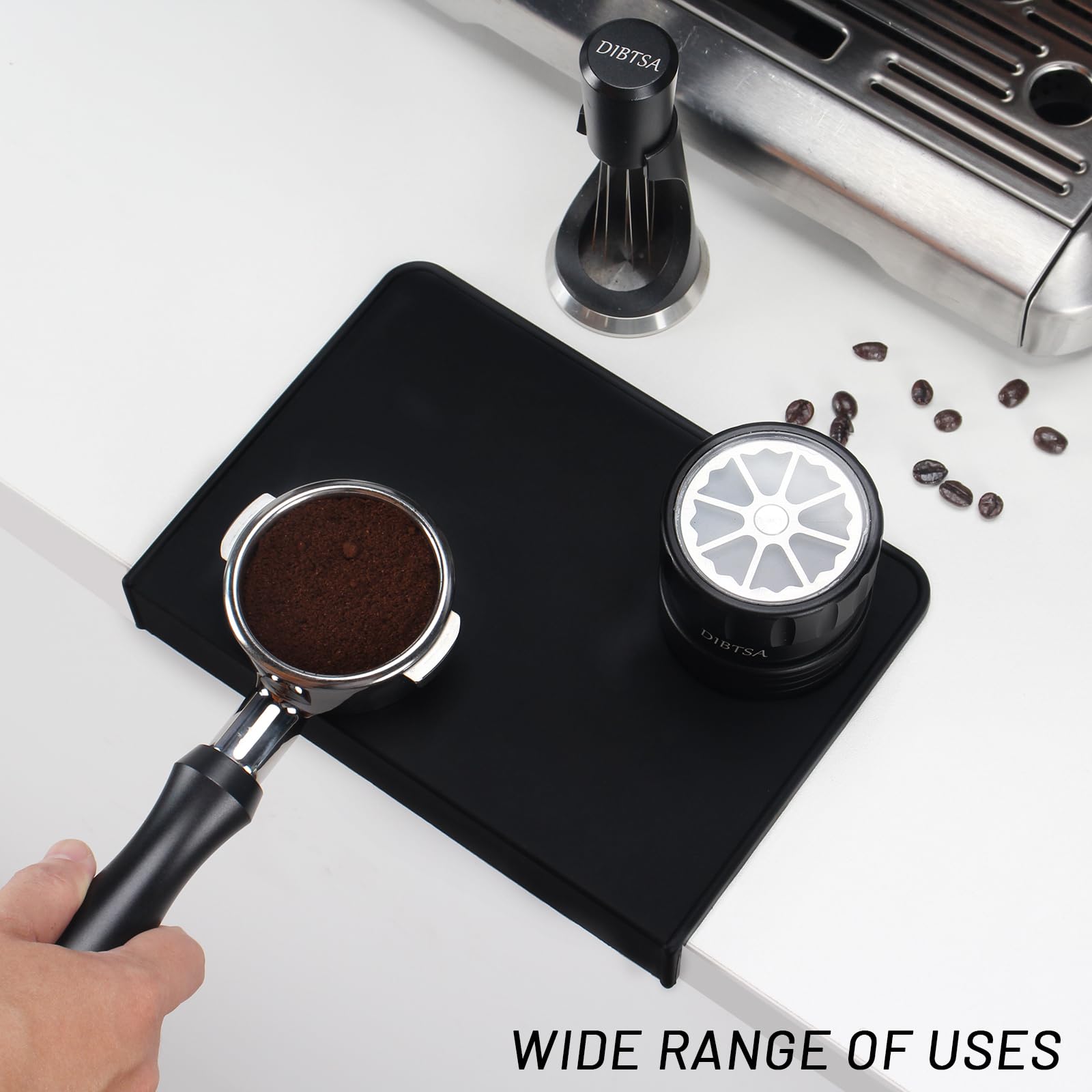 DIBTSA Espresso Tamping Mat, Silicone Coffee Tamper Mat with Corner Edge Tamp Support Station for Countertop, Barista Tools, Espresso Accessories, Black