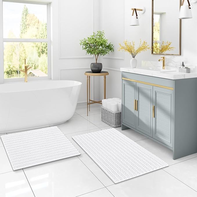 Arotive Luxury Chenille Bathroom Rug Mat, Extra Soft Thick Absorbent Shaggy Bath Rugs, Non-Slip Machine Wash Dry, Plush Bath Mats for Bathroom, Shower and Tub, 54x24, White