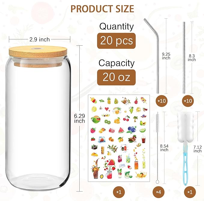 20 OZ Glass Cups with Lids and Straws, 20 Pack Drinking Glasses with Bamboo Lids Stylish Glass Beer Can Cups with Stainless Steel Straws Iced Coffee Cup Great for Soda Boba Tea Cocktail