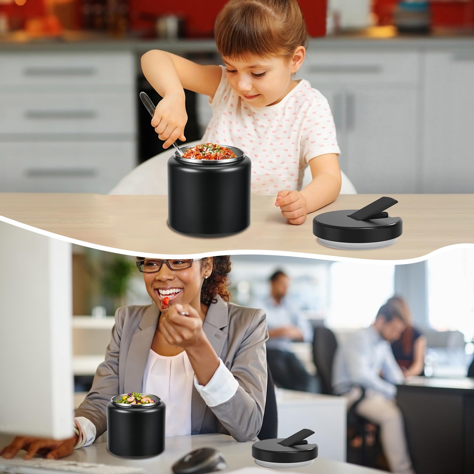 Reeple 26oz Kids Jar for Hot Food, Insulated Vacuum Food Jar with Buckle Lid, Stainless Steel Wide Mouth Leak Proof Insulated Lunch Container for School Picnic Travel, Black