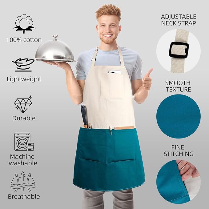 Chef Apron Unisex Two-Tone Professional Kitchen Bib Apron with 2 Pockets Cooking, Grilling, and Baking Gift