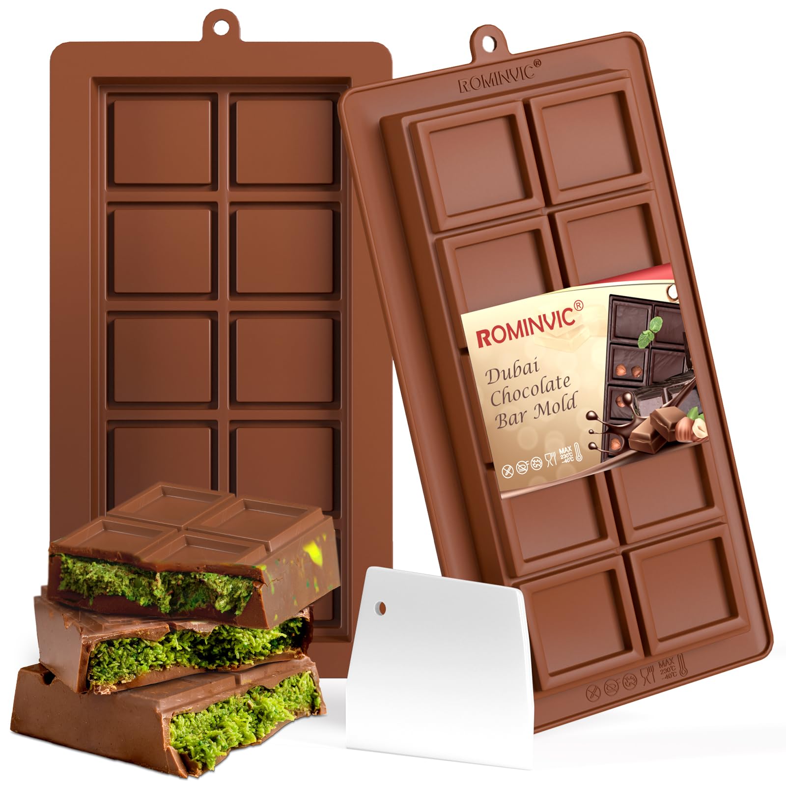 ROMINVIC Dubai Chocolate Mold 2 Pack,0.79 Inch Deep Large and Thick Silicone Chocolate Bar Molds and scraper for Stuffed Bar,Big Chocolate Candy Bar Mold for Filling Knafeh Pistachio Kit