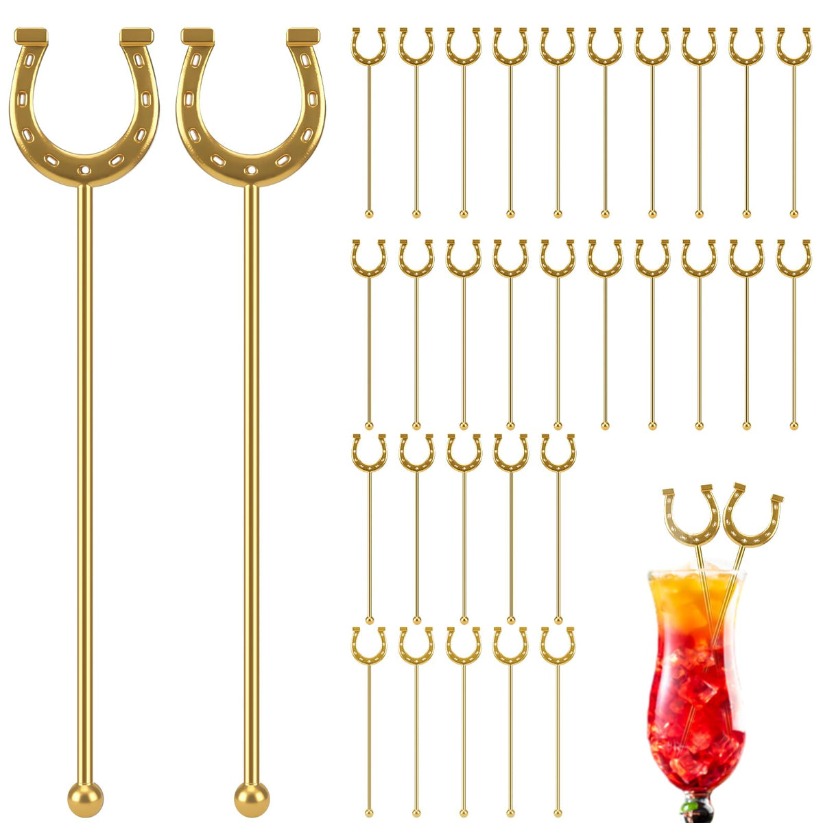 Sunnychicc Horseshoe Drink Stirrers 6 Inch Plastic, Gold, 60 Pcs
