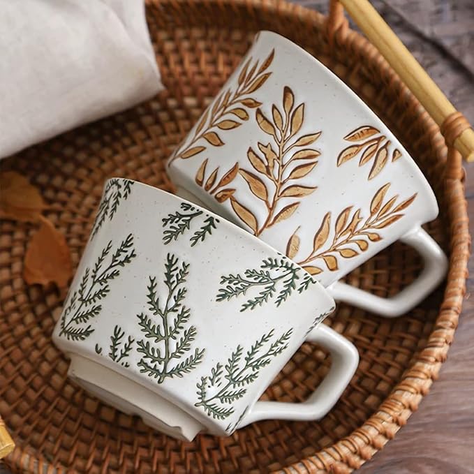 Ceramic Mug Set of 4 with Coffee Spoon, 11oz - Vintage Coffee Mug Cups for Coffee Milk Latte Cappuccino Tea, Porcelain Coffee Cups Dishwasher Microwave Freezer Safe Stoneware