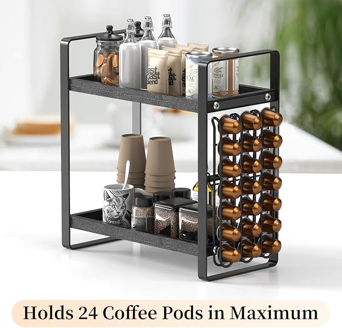 LEMIKKLE Coffee Station Organizer,Compatible with Nespresso Classic Pods 24pcs,Coffee Bar Accessories and Cup Storage Organizer, Wood Counter Shelves for Kitchen, Office, Countertop（Black