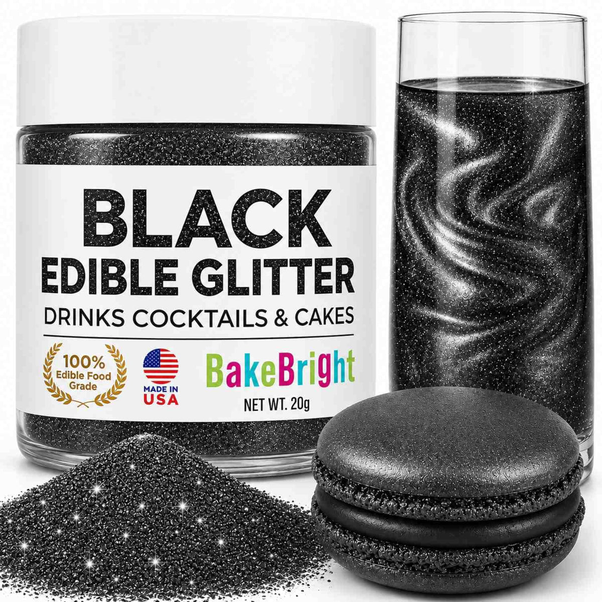 Bulk 20g Black Edible Glitter for Drinks | Premium Edible Glitter for Cakes, Cocktails, Black Cake Decorating Decorations Food Grade, Vegan, Kosher, Halal, Gluten Free - Made in USA