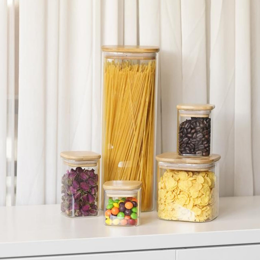 SHOWIN Glass Pasta Storage Jars Square 73oz, 3 Pack Glass Jars With Bamboo Lids, Tall Kitchen Storage Containers For Pasta, Storage For Pantry Organizers