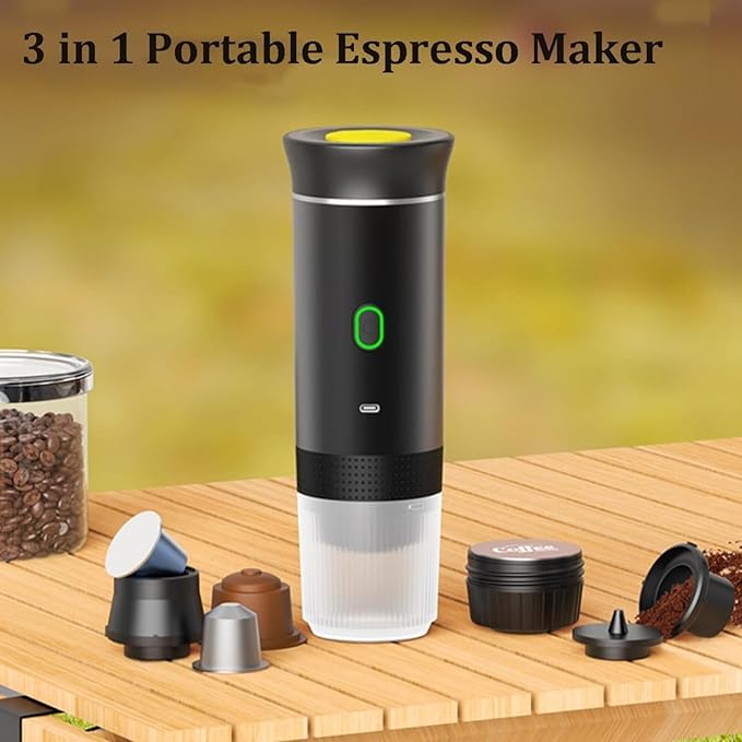 Esprova Portable Espresso Machine, Portable Electric Coffee Maker for Travel Camping, 3-in-1 Self-Heating Espresso Maker, Compatible with Ground Coffee and Capsules, Compact Lightweight (Silver)