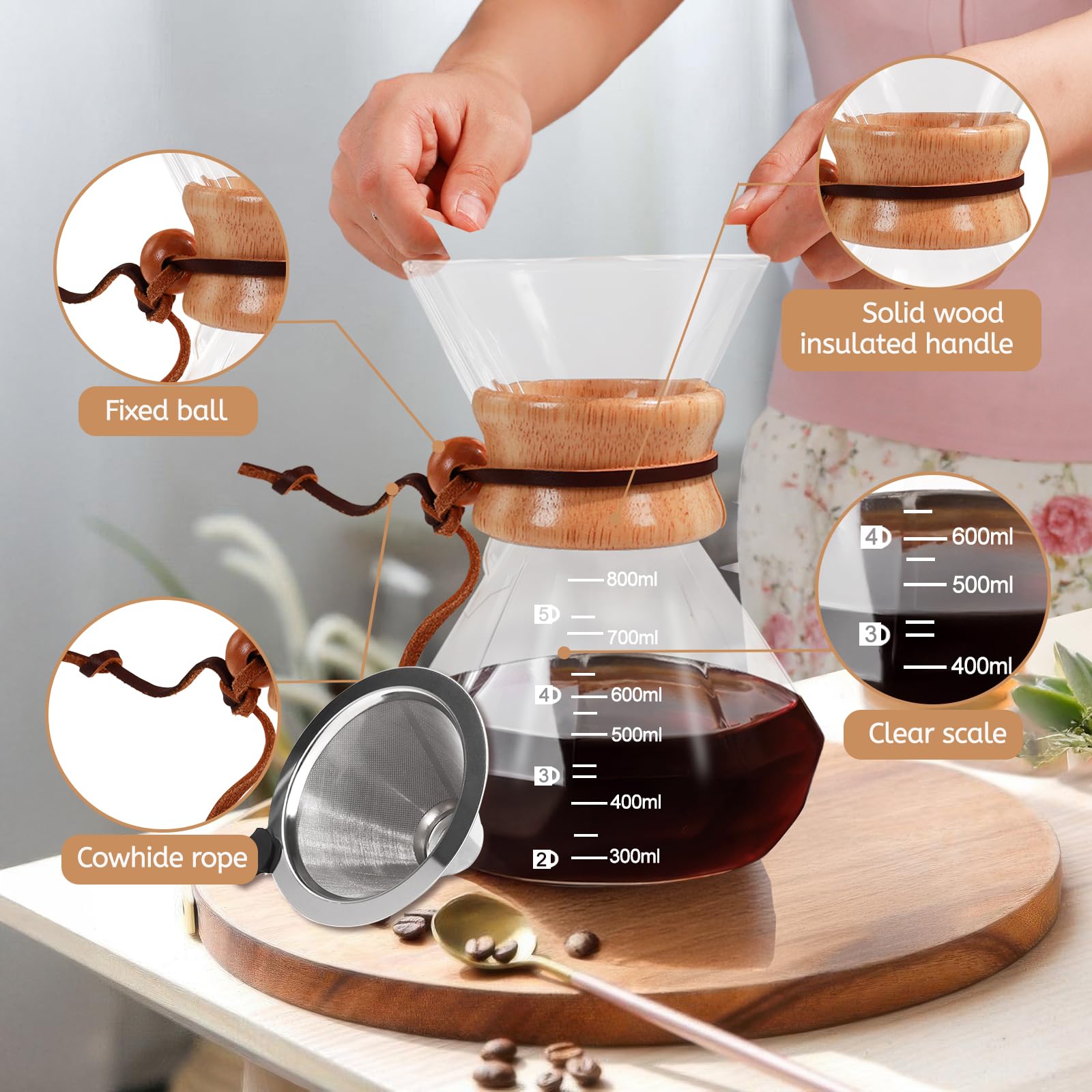 Mogrecha Pour Over Coffee Maker 800ml with 304 Stainless Steel Filter Wooden Collar Holder Borosilicate Glass Drip Coffeemaker Server Set Clear Hand Brew Dripper Carafe for Home Camping Travel 27oz