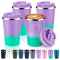 Volhoply 12 oz Double Wall Insulated Vacuum Travel Coffee Mug with Flip Lid Bulk 4 Pack,Reusable Stainless Steel Leak Proof Coffee Cup,Portable Thermal Tumbler for Hot&Cold Drinks(Purple Green,4 Set)