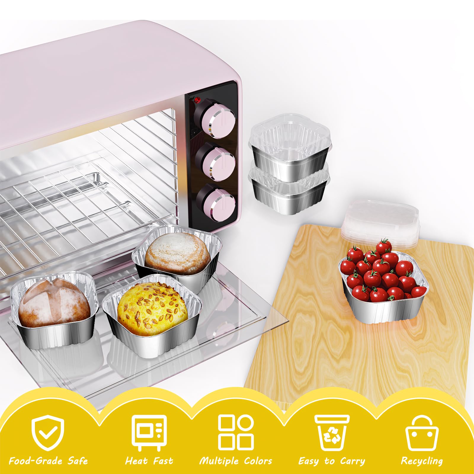 Ksmxos 25 Pack Square Mini Cake Pans with Lids,Mini Loaf Pans with Lids,Aluminum Foil Baking Cups,Disposable Ramekins Cupcake Cups,Dessert Cups for Wedding Birthday Party Picnics,5oz (Silver)