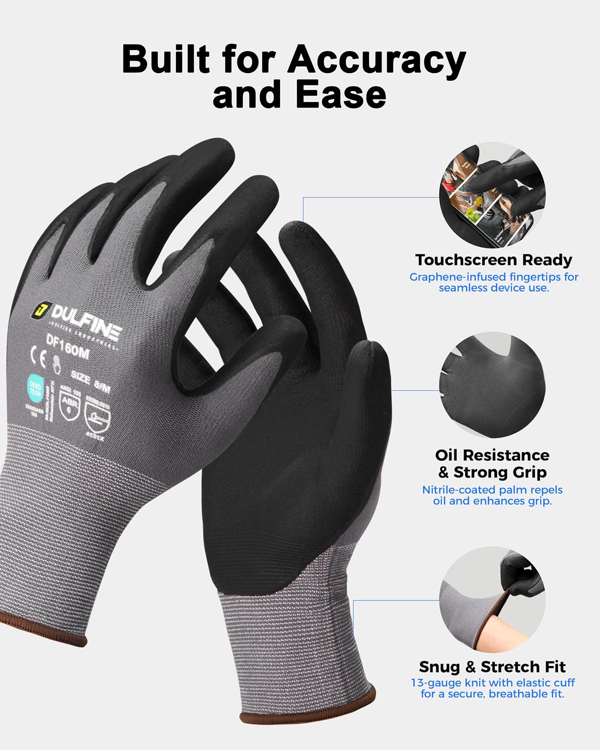 DULFINE MicroFoam Nitrile Coated 3 Pairs Work Gloves for Men Grey S