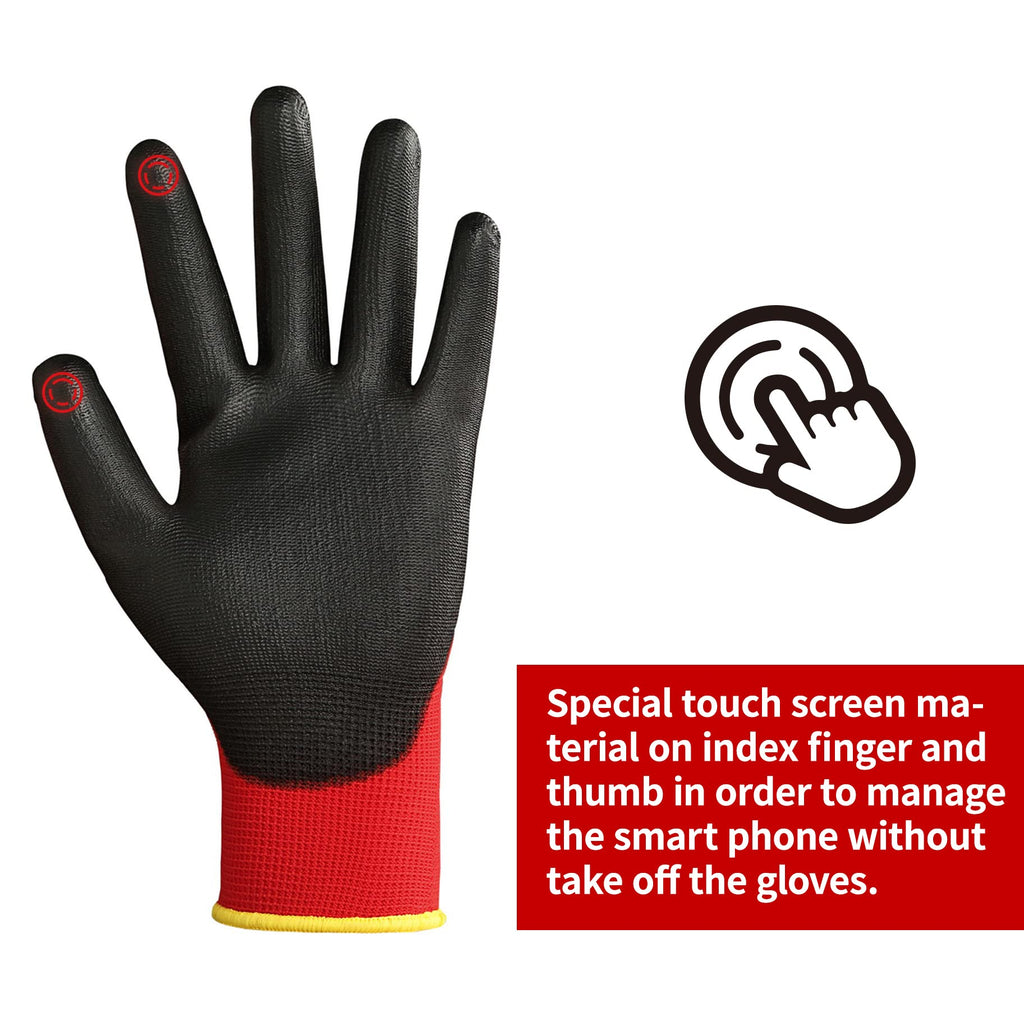 DULFINE Touchscreen Safety Work Gloves for Men 12 Pairs, PU Coated Red XL