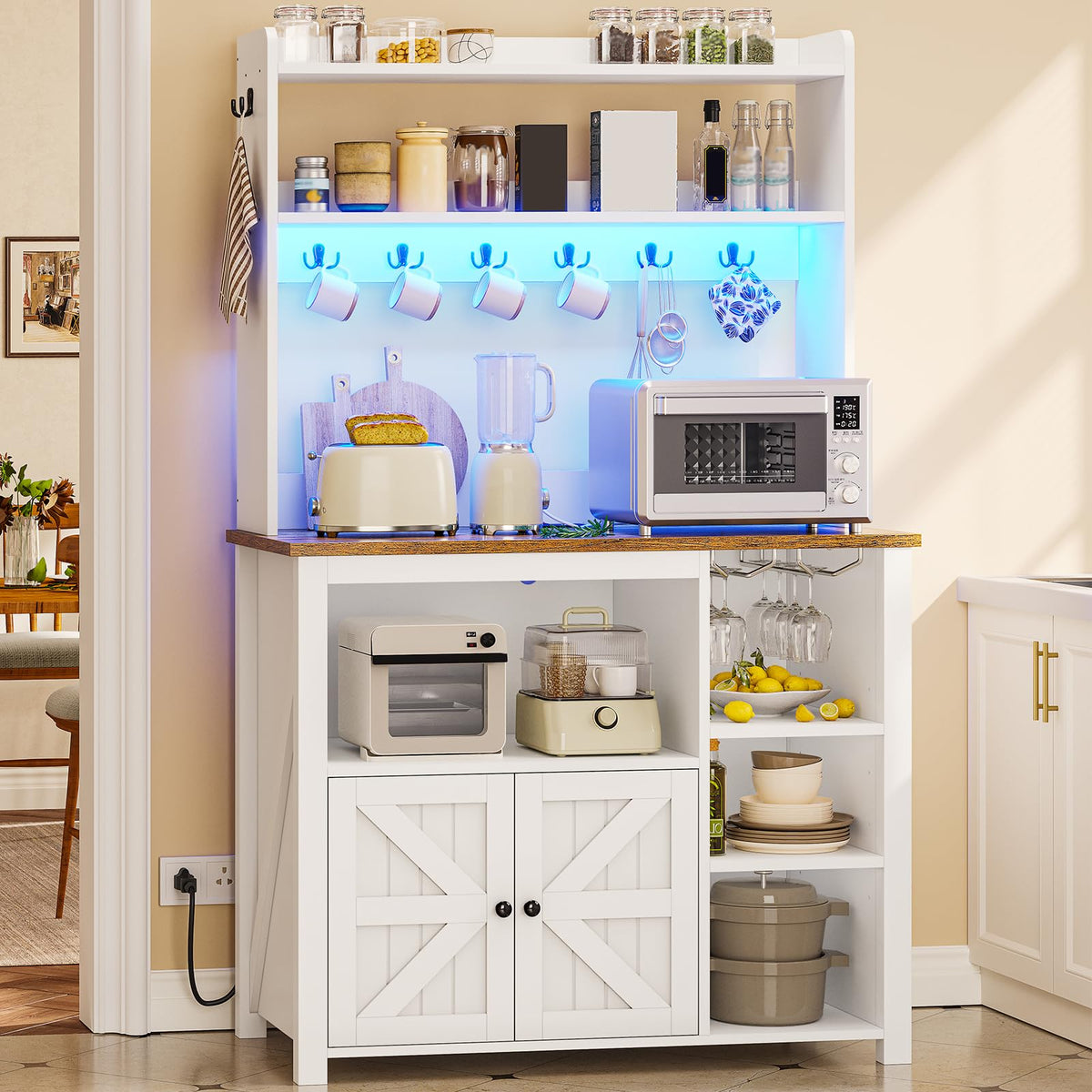 Itaar 35.4 inch Coffee Bar Cabinet, Bakers Rack with Power Outlet and Storage, Farmhouse Microwave Stand Kitchen Cabinet with Hutch, LED Lights, Wine Glass Holder and 8 Hooks, Black