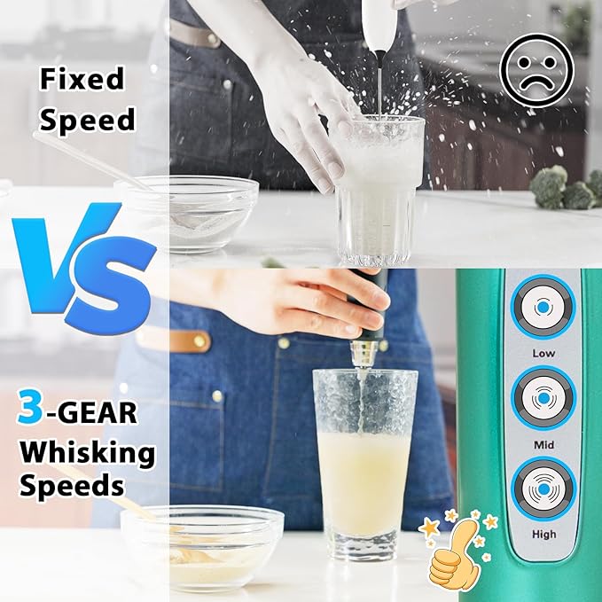 Milk Frother Rechargeable Handheld-Electric Whisk 3 Speed Adjustable, Coffee Frother Wand with 3 Stainless Whisks, Electric Foam Maker, Drink Mixer Blender for Latte Cappuccino Matcha Egg