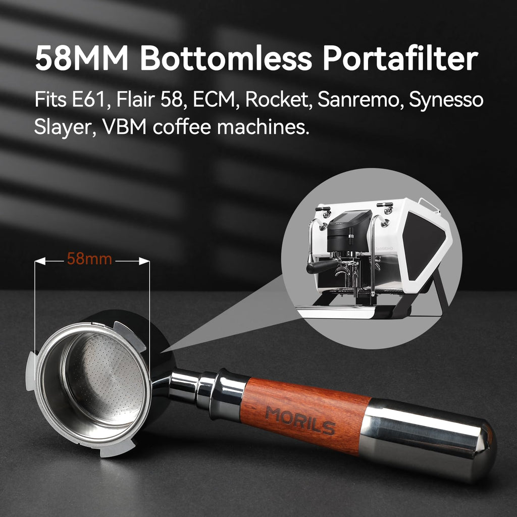MORILS Bottomless Portafilter 58mm with Double Shot Filter Basket & Premium Walnutwood Handle, Portafilter with Puck Screen Compatible with All Breville 58mm Machines, Espresso Accessories, Silver
