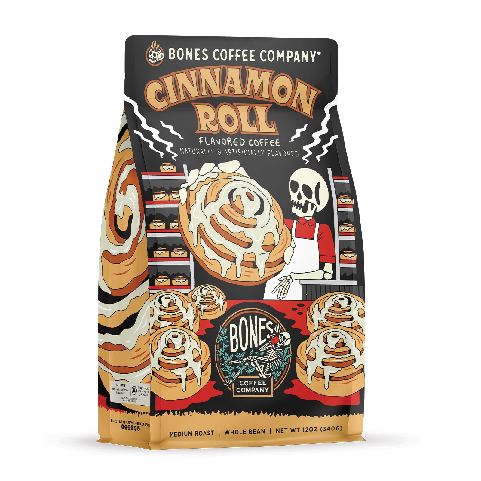 Bones Coffee Company Cinnamon Roll Flavored Coffee, Medium Roast Low Acid Arabica Beans Compatible with Auto drip and French Press Coffee Maker, 12 Oz Whole Bean