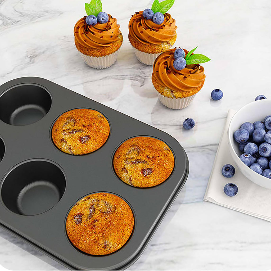 Cayanmydery 2 Packs 6-Cup Muffin Baking Pan Tin, Small Round Muffin Tin, Nonstick Cupcake Pans, Cheesecake Pans, Carbon Steel, Black