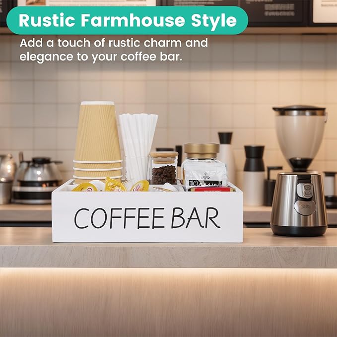 Coffee Bar Organizer – Wooden Coffee Station with 4 Compartments, Removable Dividers, and Condiment Storage for Home & Office