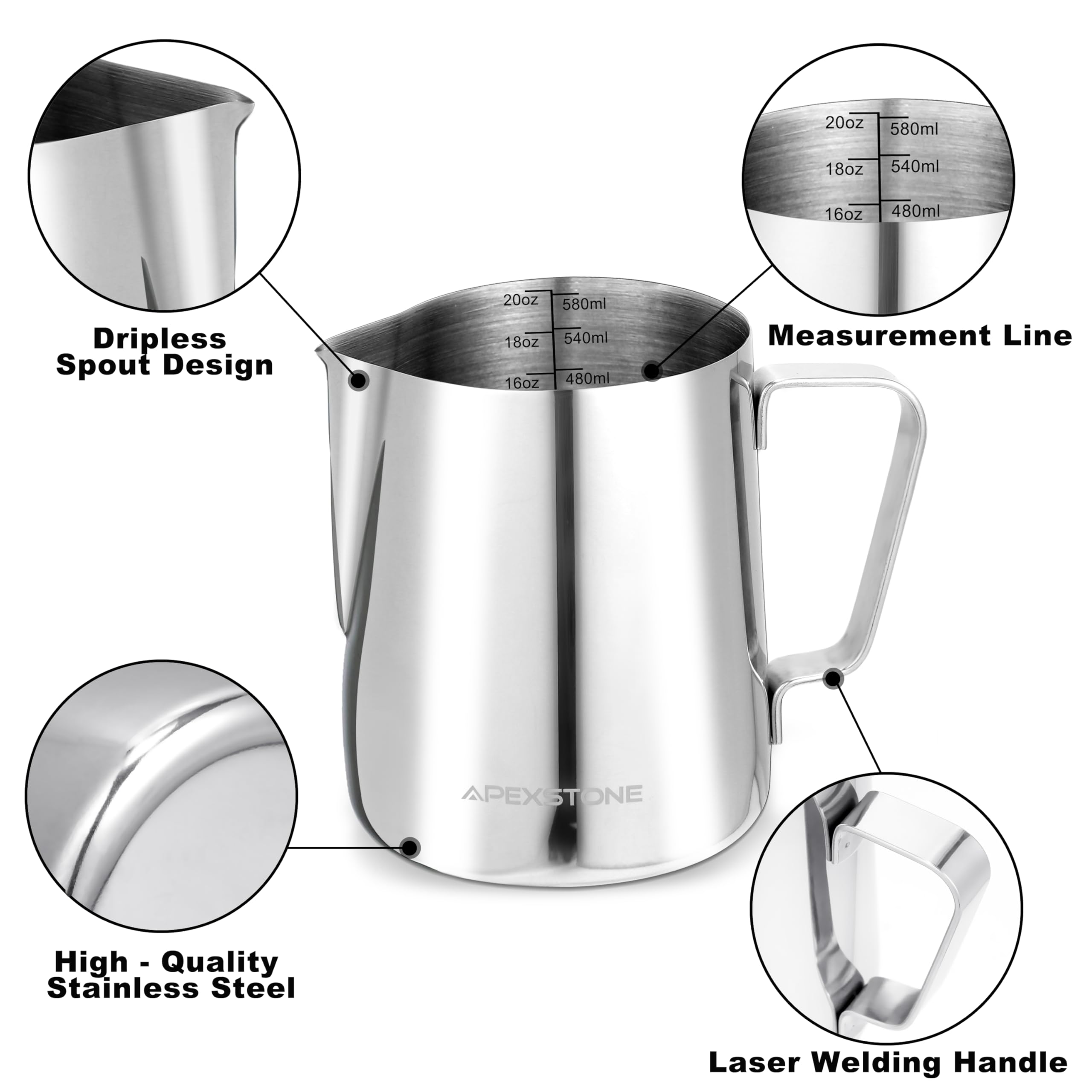 Apexstone Espresso Milk Frothing Pitcher 20 oz, Espresso Steaming Pitcher 20 oz, Coffee Milk Frothing Cup, Coffee Steaming Pitcher 20 oz/600 ml