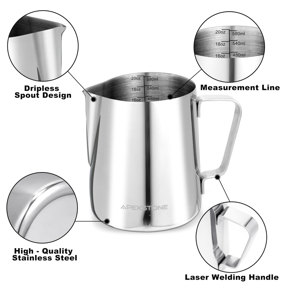 Apexstone Espresso Milk Frothing Pitcher 20 oz, Espresso Steaming Pitcher 20 oz, Coffee Milk Frothing Cup, Coffee Steaming Pitcher 20 oz/600 ml