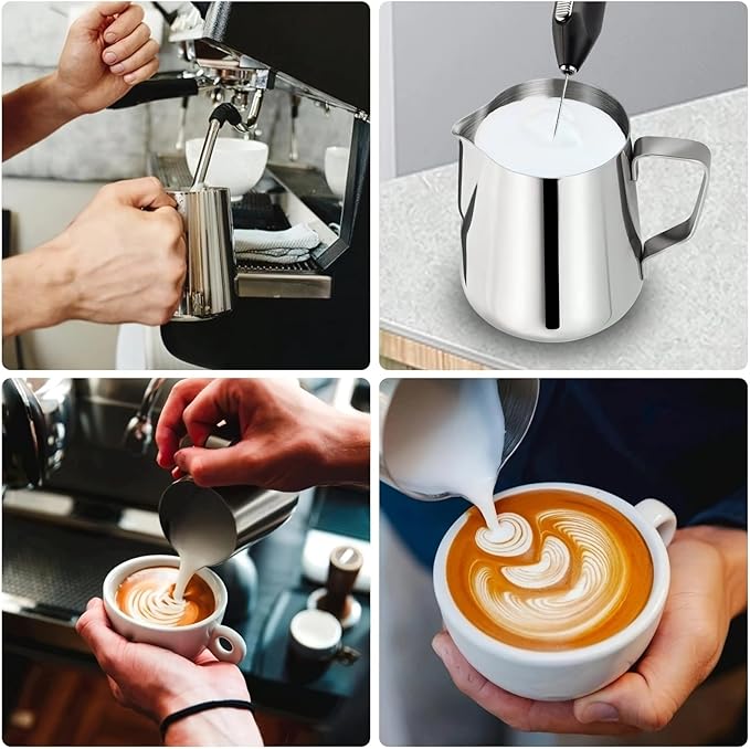 4Pieces Stainless Steel Milk Frothing Pitcher Set, Latte Art Barista Steaming Pitchers Set -Include Milk Frother Cup, Latte Art Pen, Powder Shaker, 5pcs Coffee Decorating Stencils (600ml/20oz)