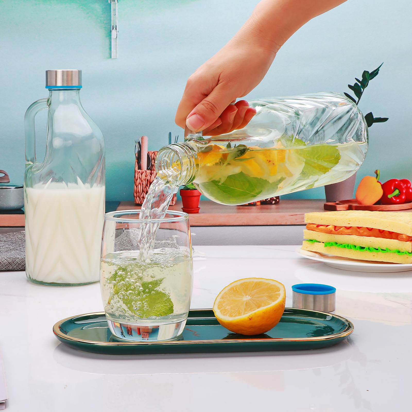 2 Pack 36oz Clear Glass Pitchers with Lids and Handles for Fridge, Iced Tea