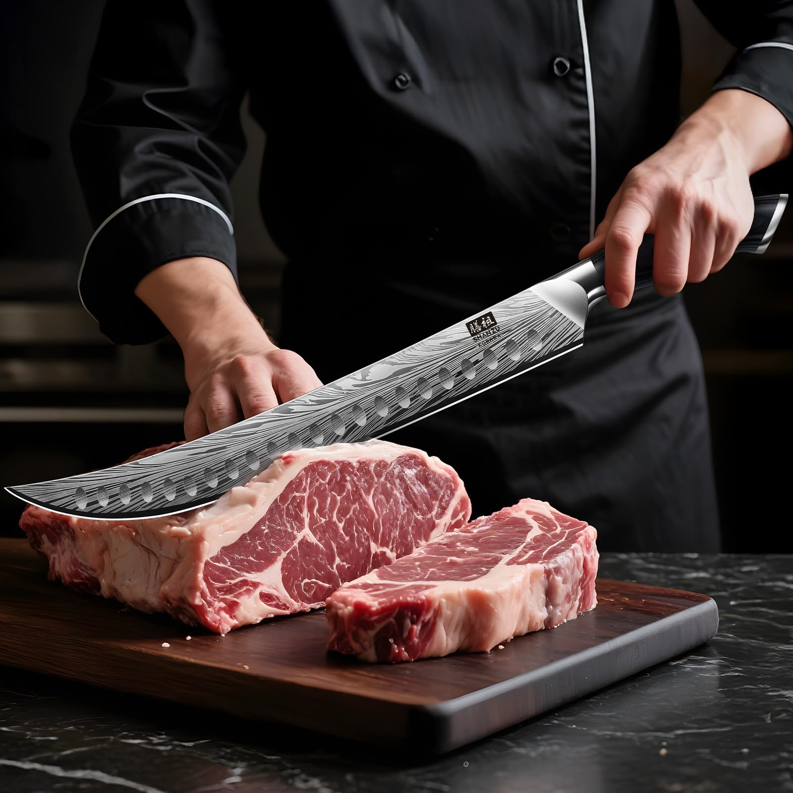 SHAN ZU Butcher Knife in High Carbon Powder Steel, 12 Inch Brisket Knife for Meat Cutting, Carving and Slicing Knives with Ergonomic Pakkawood Handle, Ultra Sharp Meat Breaking Knives