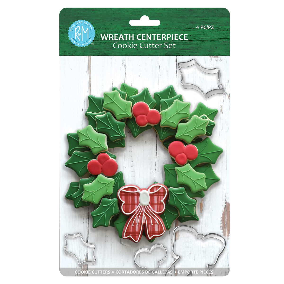 R&M Wreath Centerpiece 4-Piece Cookie Cutter Set – Steel Holly, Berries & Bow Holiday Christmas Baking Set for Cookies, Fondant & Crafts