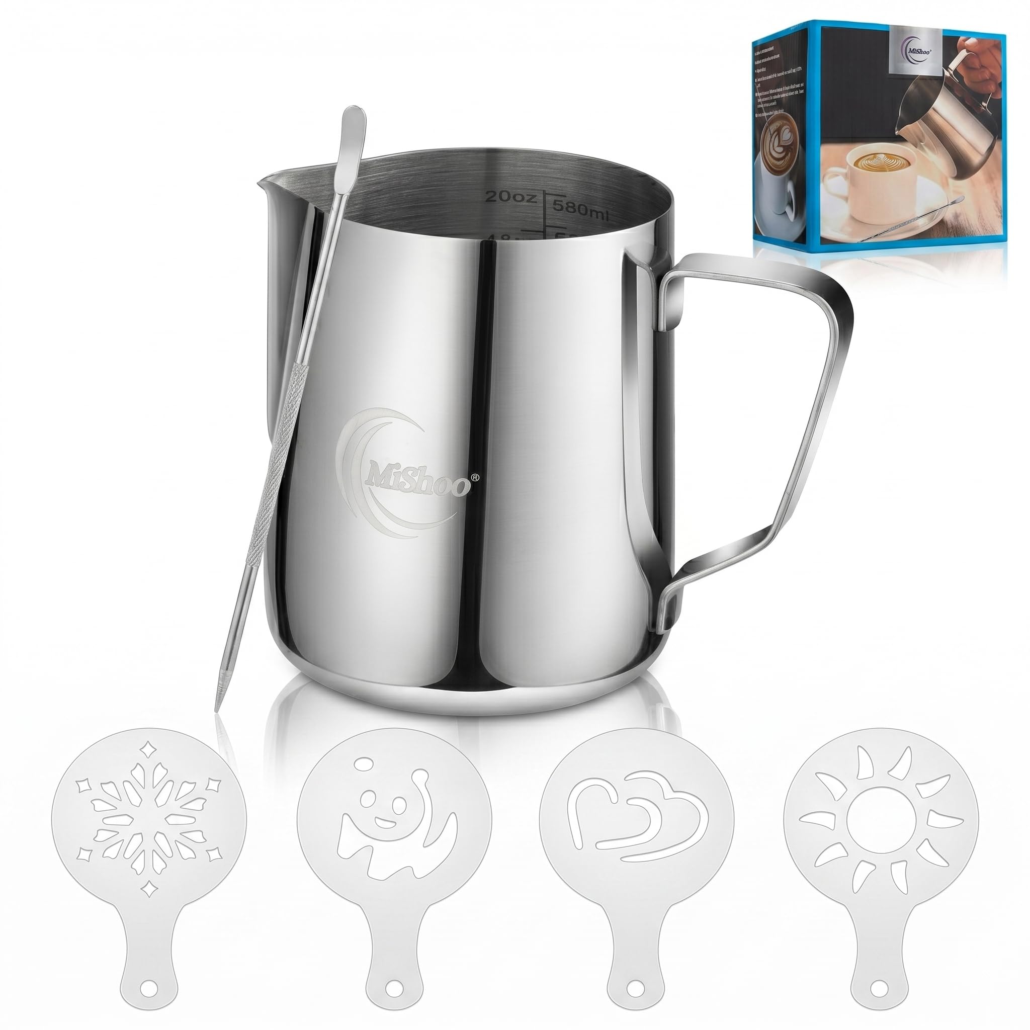 MiShoo™ Milk Frothing Pitcher 20oz – 304 Stainless Steel Milk Frother Cup for Espresso, Latte & Cappuccino – Mixing Pitcher with Spouse Rustproof, Precise Pour Spout, Easy-Clean Espresso Accessories