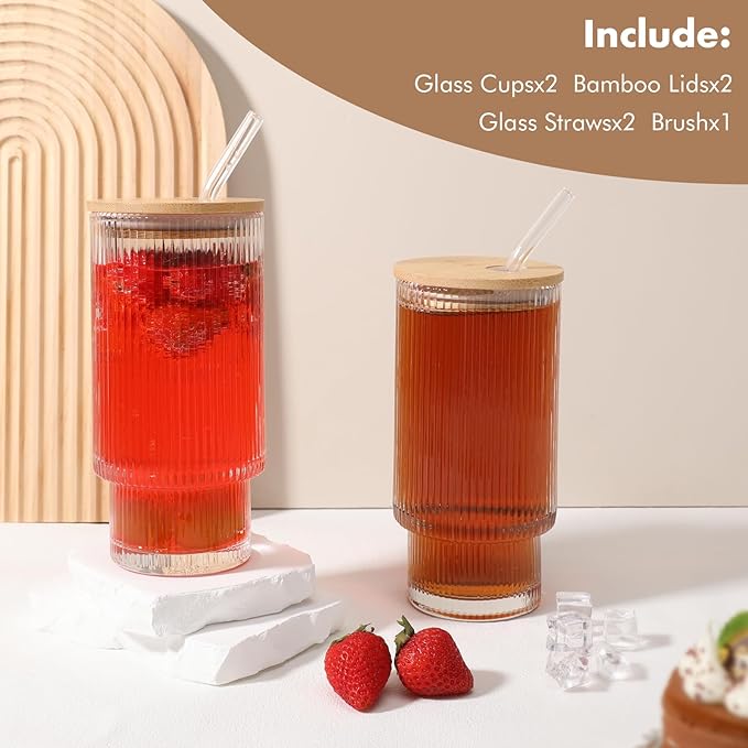 Glass Cups with Bamboo Lids and Straws - 16 oz Iced Coffee Cups, Vintage Ribbed Drinking Glasses, Tumbler for Juice, Beer, Coffee, Milk, Cocktail, Water (2 Pack)